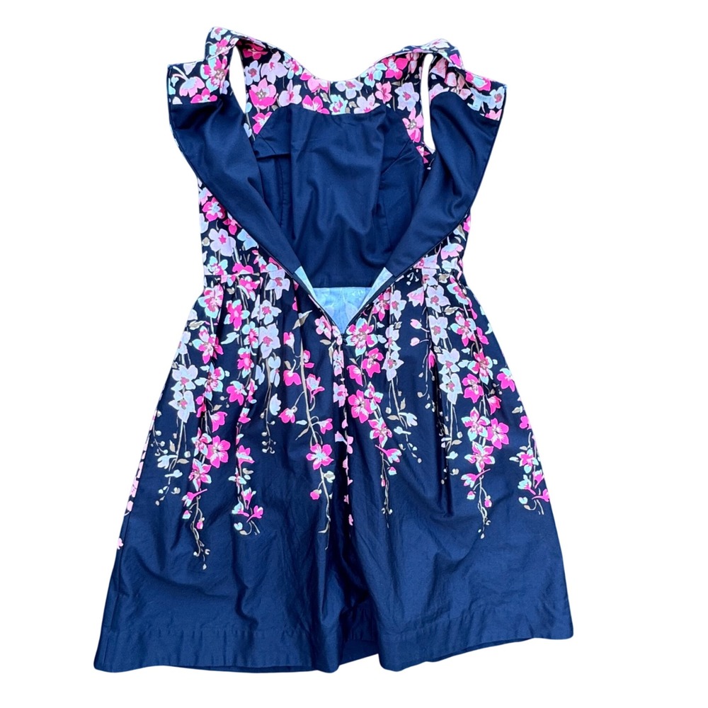 Talbots Dress Women 10 Navy Blue Excellent Floral Sleeveless Fit Flare Cotton - Picture 4 of 9